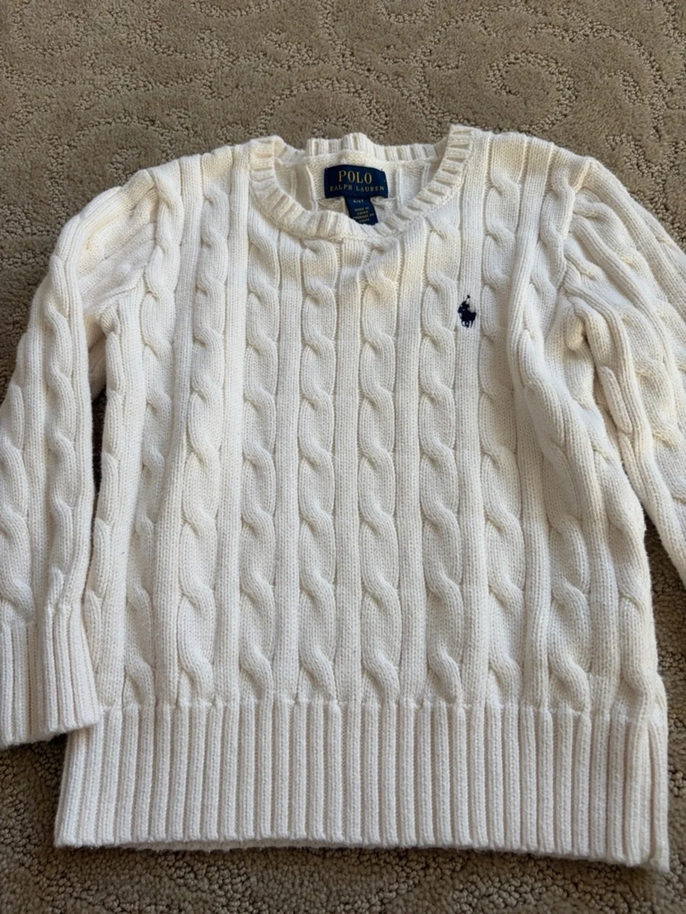 Polo by Ralph Lauren Cream Cable-Knit Crew Sweater with Navy Pony